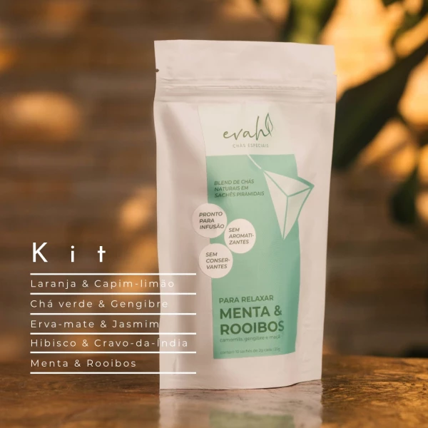 Kit de Chás Sachê Premium | Menta e Rooibos, Laranja e Capim-limão, Chá verde e Gengibre, Hibisco e Cravo-da-Índia, Erva-mate e Jasmim