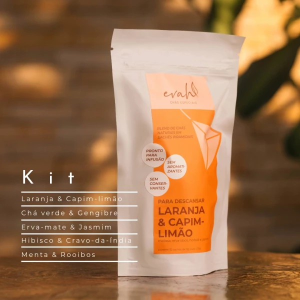 Kit de Chás Sachê Premium | Menta e Rooibos, Laranja e Capim-limão, Chá verde e Gengibre, Hibisco e Cravo-da-Índia, Erva-mate e Jasmim